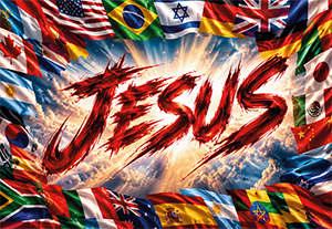 Bandeira evangélica Jesus entre Nações com estampa digital em tecido Failete
