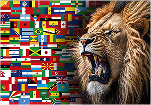 Bandeira evangélica com a imagem de um leão em rugido simbolizando autoridade e majestade, acompanhada por diversas bandeiras de países que representam as nações da Terra. A arte possui cores vibrantes e estampa digital de alta resolução, transmitindo força espiritual e o chamado profético às nações.